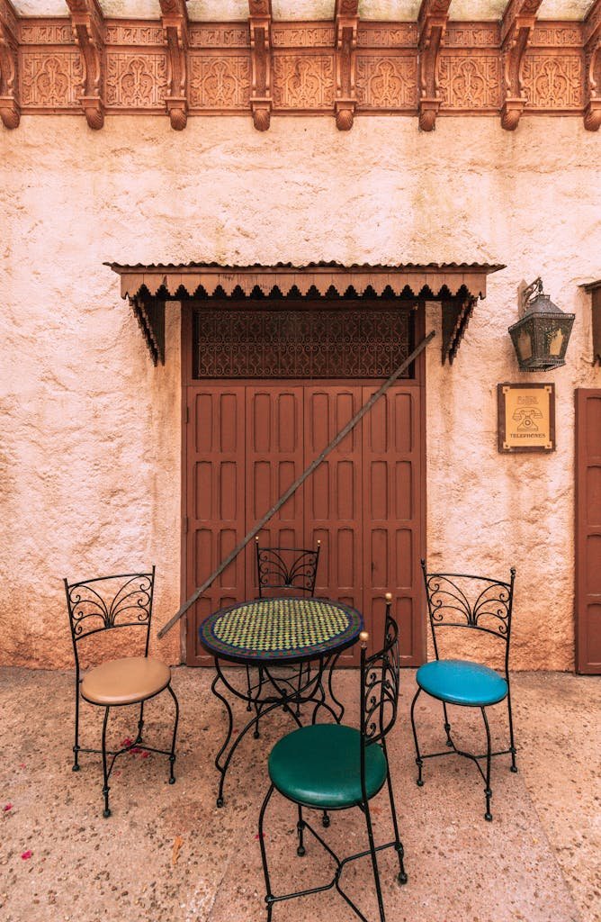 Brown Door with Chairs out front